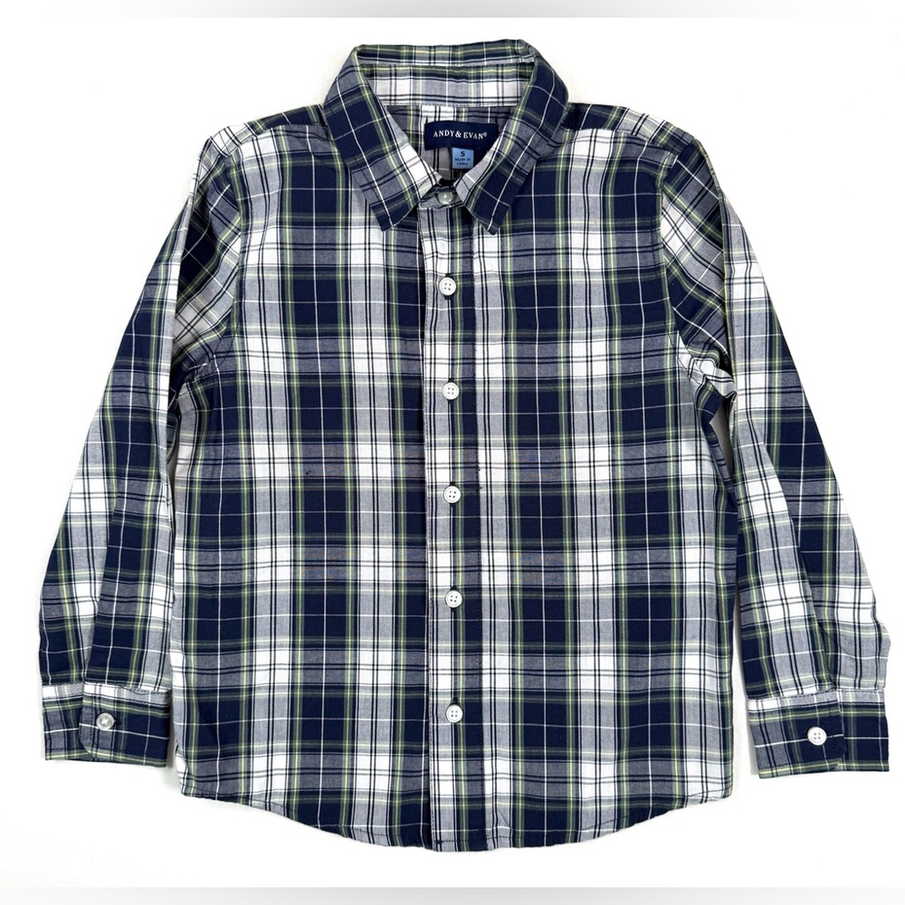 ANDY & EVAN Navy Blue & White Tartan Plaid Long Sleeve Casual Button Down Size 5